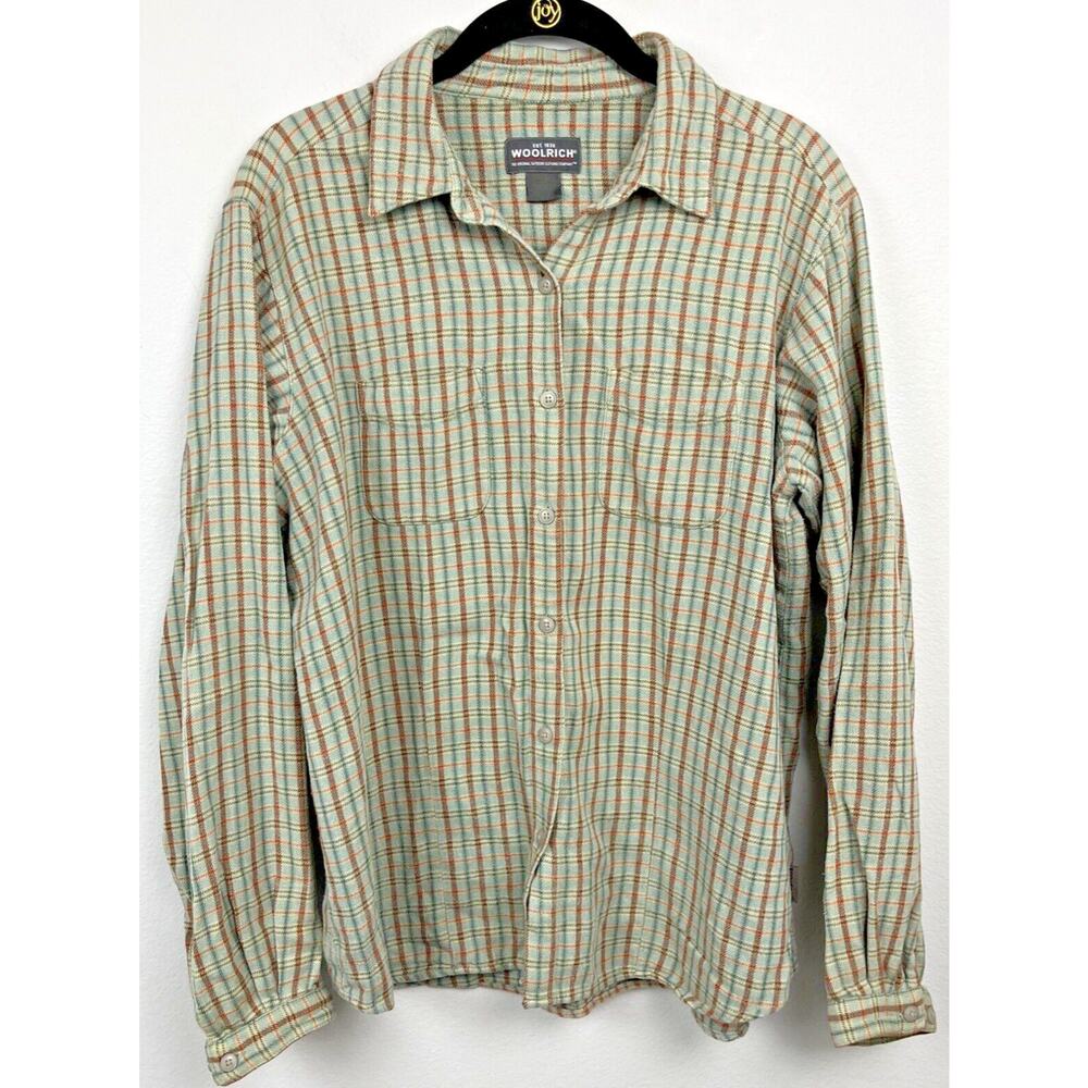 Woolrich Men's Flannel Cotton Cream Orange Green Plaid Shirt Pockets Size*